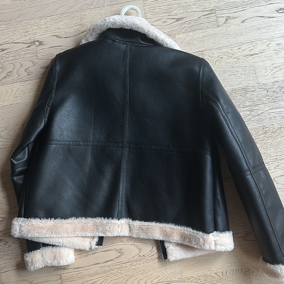 Black/Cream Leather/Faux Fur Biker Jacket - Picture 3 of 3